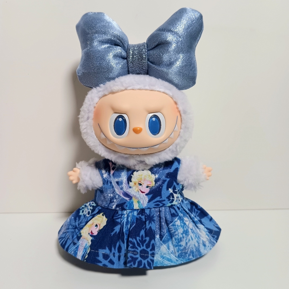 Custom Disney Frozen Elsa Dress and Metallic Bow Made to Fit Labubu